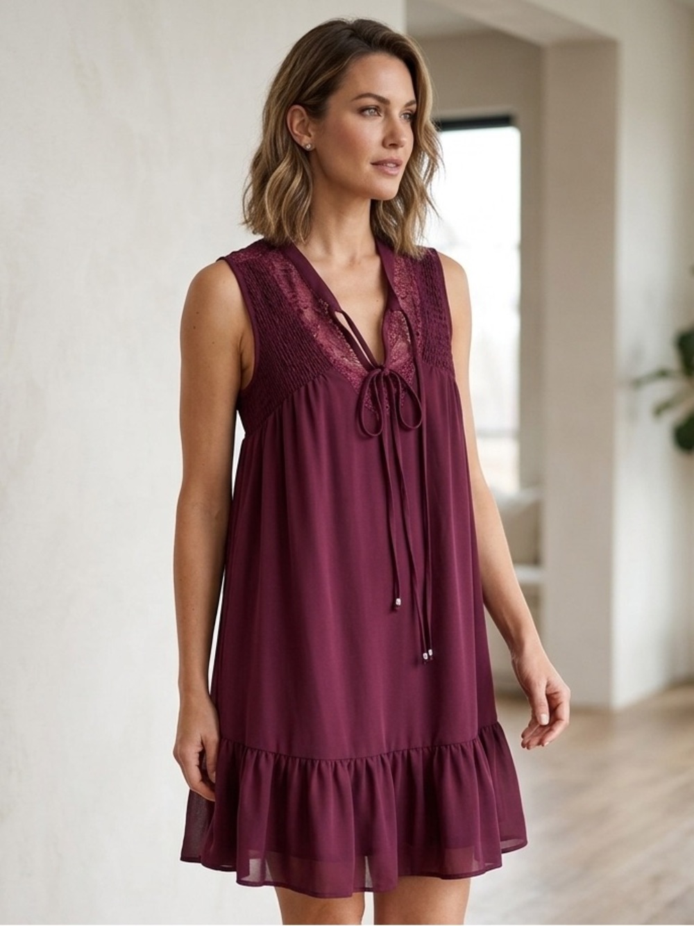 JODI KRISTOPHER Sleeveless Lace Yoke Ruffle Hem Dress S 18” p2p Wine NWOT